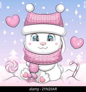 Simpatico coniglietto bianco cartoni animati che indossa una sciarpa rosa e un cappello. Illustrazione vettoriale invernale di un animale su sfondo blu e rosa. Illustrazione Vettoriale