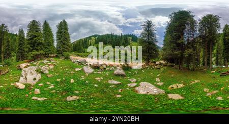 Visualizzazione panoramica a 360 gradi di Panorama HDRi sferico a 360 gradi su una foresta di conifere in una gola di montagna in una nuvolosa giornata estiva con proiezione equirettangolare.