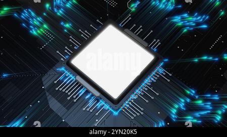 l'unità di elaborazione centrale si trova al centro di una complessa scheda a circuito digitale, illuminata da collegamenti luminosi blu e verdi e intricati Foto Stock
