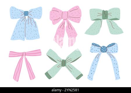 Set di coquette pastello di prua. Collezione di nastri Vector y2k. Illustrazione degli accessori per capelli isolata su sfondo bianco. Illustrazione Vettoriale