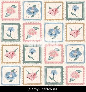 Motivo Chintz patchwork indiano senza cuciture. Moderno e variegato fiore in cornici vintage quadrate sfondo infinito. Copertina a ripetizione floreale. Ornamento per fattorie W Illustrazione Vettoriale