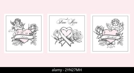 Sistemare il poster della cartolina del giorno di Valentine, il quadrato del banner. Nello stile dell'incisione, dello schizzo, del tatuaggio. Rose, cuore, cupido. Illustrazione Vettoriale
