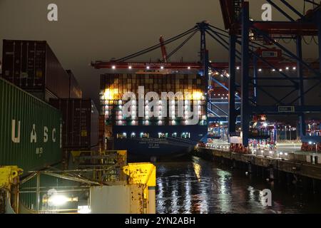 Amburgo, Germania. 4 novembre 2024. Navi container al terminal di Burchardkai nel porto di Amburgo. Credito: Friedemann Kohler/dpa/Alamy Live News Foto Stock