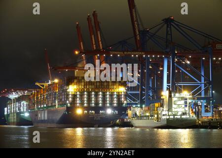 Amburgo, Germania. 4 novembre 2024. Le navi container sono gestite di notte al terminal Burchardkai di Amburgo. Credito: Friedemann Kohler/dpa/Alamy Live News Foto Stock