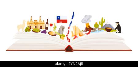 Elementi culturali cileni e attrazioni turistiche, viaggia in Cile collage infografico. Apri un grande libro cartaceo e monumenti Moai, bandiera e mappa, empanada e carino illustrazione vettoriale di cartoni animati di lama Illustrazione Vettoriale