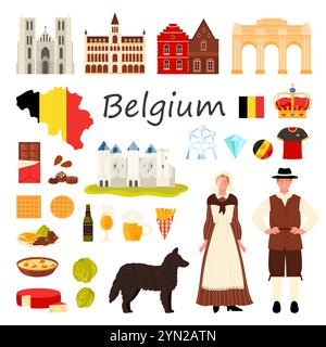 Partenza per il Belgio. Persone in costumi nazionali ed edifici di Bruxelles, mappa e bandiera belga, waffle e cioccolato, castello medievale di Gravensteen e illustrazione vettoriale dei cartoni animati della cattedrale Illustrazione Vettoriale