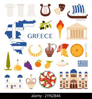 Partenza per la Grecia. Monumenti storici greci ed elementi culturali nazionali, mappa nazionale con motivo a bandiera e famoso cibo mediterraneo, antichi simboli greci e illustrazione vettoriale del tempio Illustrazione Vettoriale