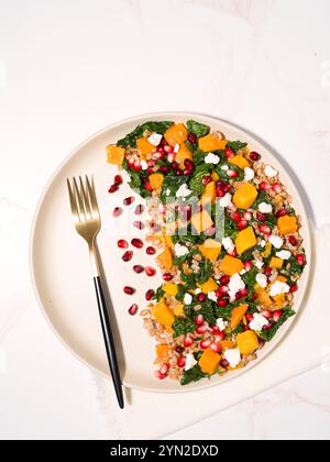 Sana insalata autunnale a base di farro, cavolo, zucca di butternut e semi di melograno Foto Stock