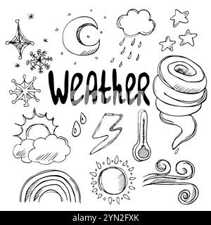 Collezione di doodles vettoriali disegnati a mano - icone meteo. Nuvole, sole, pioggia, stelle e luna, termometro, neve, vento, tornado simboli. Illustrazione Vettoriale