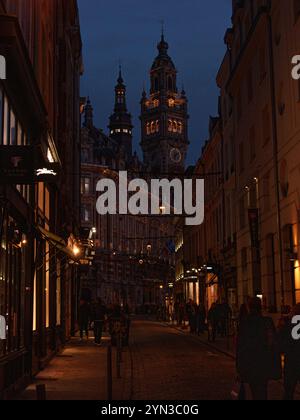 Incrocio tra Rue du cure Saint-Etienne e Rue Lepelletier, con la torre dell'orologio di le Palais De la Bourse davanti, Lille di notte Foto Stock