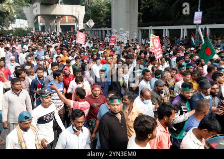 Dhaka, Bangladesh - 24 novembre 2024: I proprietari di risciò e gli estrattori di auto hanno tenuto una manifestazione di fronte al Press Club per protestare contro il divieto dell'alta Corte di aut Foto Stock