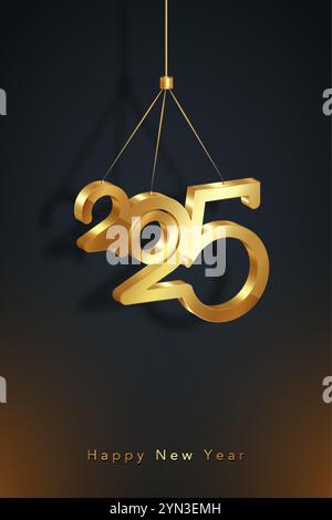 Felice anno nuovo 2025, con numeri d'oro in 3D. Design del biglietto d'auguri per le festività. Illustrazione vettoriale per biglietto d'auguri, invito, calendario, festa, Golden Illustrazione Vettoriale