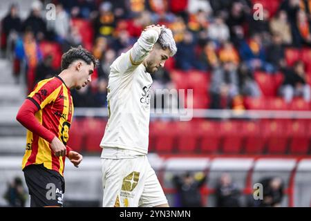 Mechelen, Belgio. 24 novembre 2024. Antoine Colassin di Beerschot reagisce durante una partita di calcio tra KV Mechelen e Beerschot va, domenica 24 novembre 2024 a Mechelen, il giorno 15 della stagione 2024-2025 della "Jupiler Pro League" prima divisione del campionato belga. BELGA PHOTO TOM GOYVAERTS credito: Belga News Agency/Alamy Live News Foto Stock