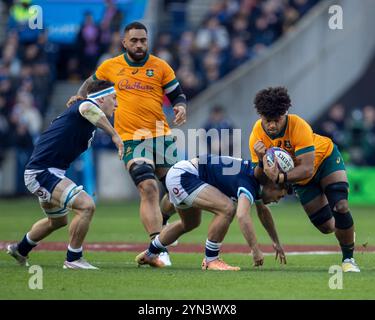 Edimburgo, Regno Unito. 24 novembre 2024; Murrayfield Stadium, Edimburgo, Scozia: Autumn Rugby International, Scotland versus Australia; Jamie Ritchie of Scotland is tackled Credit: Action Plus Sports Images/Alamy Live News Foto Stock