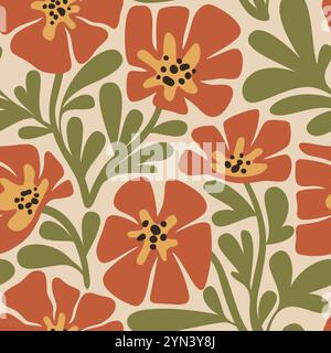 Moderno motivo floreale senza cuciture. Forme floreali ondulate, piante contemporanee, carte da parati retro hippie, tessuto in stile Matisse, incartamento, design della carta da parati Illustrazione Vettoriale