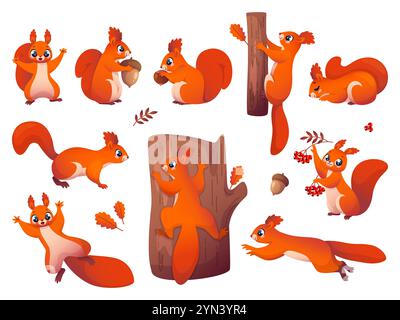 Piccoli scoiattoli carini. Roditori della foresta dai capelli rossi in stile cartone animato con ghiande, noci e bacche, animali divertenti che immagazzinano cibo per l'autunno inverno decorazione, adorabili Illustrazione Vettoriale