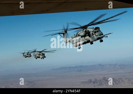 I CH-53E Super Stallions del corpo dei Marines degli Stati Uniti assegnati al Marine Aviation Weapons and Tactics Squadron One (MAWTS-1) volano in formazione durante il FINEX-3 vicino Y Foto Stock