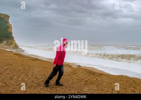 West Bay, Dorset, Regno Unito. 24 novembre 2024. Una donna si allena contro il vento mentre la tempesta Bert crea enormi onde sulla costa del Dorset a West Bay. Credito: Tom Corban/Alamy Live News Foto Stock