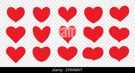 Una serie di icone a forma di cuori rossi su trasparente. Illustrazione Vettoriale