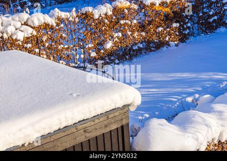 Tetto coperto di legno innevato con luce solare brillante che getta ombre sul giardino innevato e sui cespugli durante le fresche giornate invernali. Foto Stock