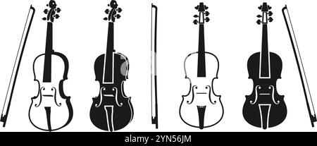 Set di vettori per l'icona del violino. vista laterale e vista frontale. illustrazione vettoriale isolata su sfondo bianco. Illustrazione Vettoriale