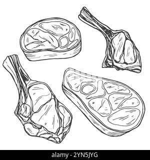 Raccolta di prodotti a base di carne fresca, isolata su sfondo bianco. Illustrazione vettoriale dello schizzo. Elementi di design isolati per alimenti. Pezzi di salame, prosciutto di tacchino, Illustrazione Vettoriale