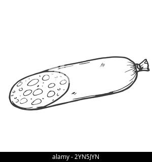 Illustrazione vettoriale dell'icona del contorno della salsiccia di salame. Fette disegnate a mano e involtini di maiale delicatessen, chorizo italiano o sausa tradizionale tedesca affumicata Illustrazione Vettoriale