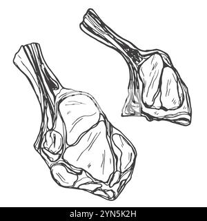 Raccolta di prodotti a base di carne fresca, isolata su sfondo bianco. Illustrazione vettoriale dello schizzo. Elementi di design isolati per alimenti. Pezzi di salame, prosciutto di tacchino, Illustrazione Vettoriale