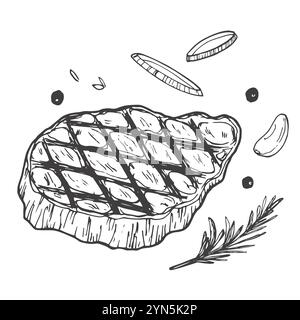 Bistecca ribeye disegnata a mano. Illustrazione del cibo vettoriale isolato su bianco Illustrazione Vettoriale