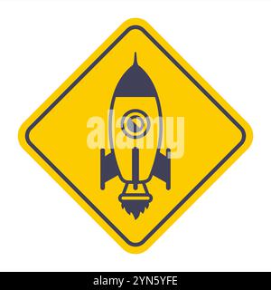 Icona Rocket nera su sfondo giallo. segnale stradale. Illustrazione Vettoriale
