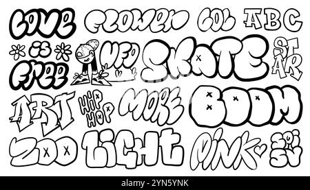 Graffiti art. Spruzzare gli elementi font. Scritta disegnata a mano in stile urbano Doodle. Pennello o pennarello grunge texture. Linea cuore e stella. Grap. Moda astratta Illustrazione Vettoriale