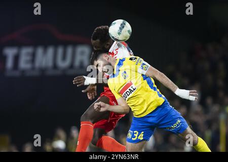 Westerlo, Belgio. 24 novembre 2024. Thierry Ambrose di Kortrijk e Dogucan Haspolat di Westerlo in azione durante una partita di calcio tra KVC Westerlo e KV Kortrijk, a Westerlo, il giorno 15 della stagione 2024-2025 della prima divisione del campionato belga "Jupiler Pro League", domenica 24 novembre 2024. BELGA FOTO KRISTOF VAN ACCOM credito: Belga News Agency/Alamy Live News Foto Stock