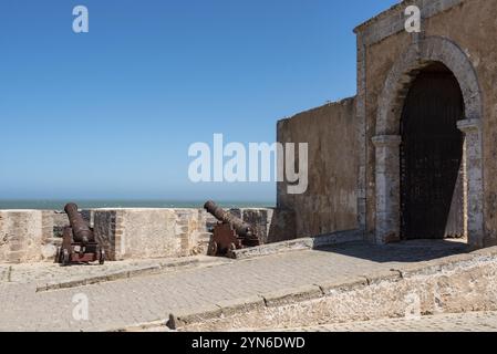 Cannon alle mura della città del quartiere medievale di El Jadida, Marocco, Africa Foto Stock