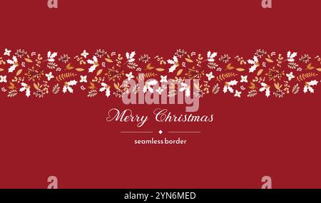 Buon Natale e buone feste modello di tessera con fiori di Capodanno, bacche, rami, fogliame su sfondo rosso. Moderna e festosa Illustrazione Vettoriale