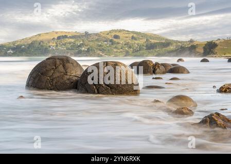 Scenica Moeraki Boulders sulla costa orientale della Nuova Zelanda Isola Sud Foto Stock