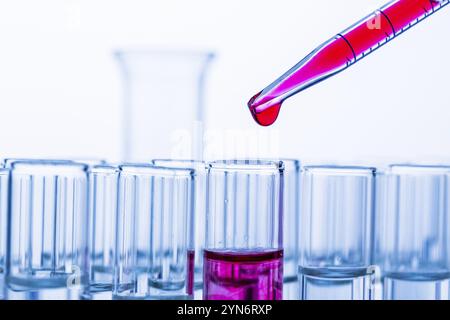 Molte provette durante un esperimento in un laboratorio di ricerca universitario. Sangue, esame del sangue, salute, tubi di laboratorio, vetro, immagine studio esame del sangue Foto Stock