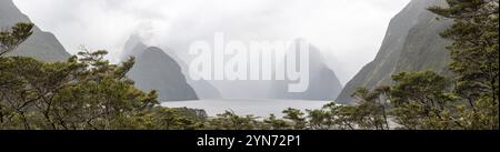 Magnifica vista panoramica di Milford Sound durante il tempo piovoso, Isola del Sud della Nuova Zelanda Foto Stock