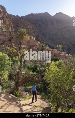 Bellissimo piccolo villaggio Oumesnat con case in argilla tipica nelle montagne anti-Atlante del Marocco Foto Stock