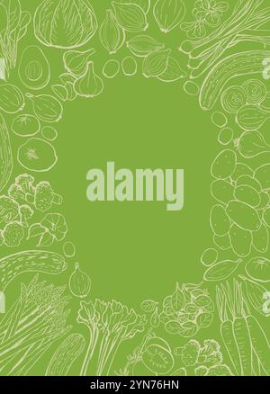 Modello di verdure fresche di fattoria con forma rotonda per il testo. Banner delle icone delle linee vettoriali vegetariane. Alimenti biologici, prodotti ecologici naturali. Scheda per banner, menu, Illustrazione Vettoriale