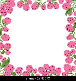 Cornice con bordo quadrato Raspberry, illustrazione vettoriale colorata del cartone animato. Modello di disegno dei frutti rossi con rami di bacche per invito, scheda Illustrazione Vettoriale