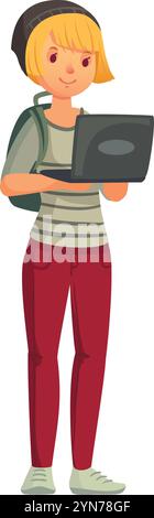 Un giovane studente con uno zaino sta usando un notebook, mostrando un approccio moderno all'istruzione e all'integrazione tecnologica Illustrazione Vettoriale