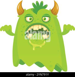 Spaventoso e divertente mostro fantasma con pelle verde, che tira fuori la lingua, rivela denti affilati e bocca aperta, creando un'atmosfera giocosa ma inquietante Illustrazione Vettoriale
