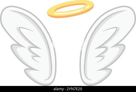 Le ali d'angelo piume bianche in stile cartoni animati e un alone dorato fluttuano su uno sfondo bianco, simboleggiando la purezza, l'innocenza e la presenza divina Illustrazione Vettoriale
