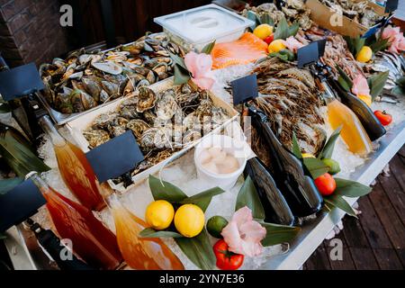 Buffet di pesce con ostriche, gamberi, bevande e guarnigioni fresche su ghiaccio per una festa gourmet Foto Stock