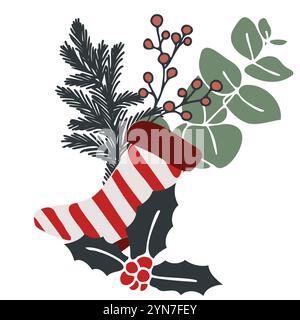 Immagine natalizia vettoriale con calze a righe piene di rami di pino, foglie di eucalipto, bacche rosse e agrifoglio. Disegnato a mano Illustrazione Vettoriale