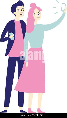Giovane donna con i capelli rosa che scatta un selfie con lo smartphone mentre un uomo accanto a lei tiene in mano un telefono cellulare, colorata illustrazione vettoriale su bianco Illustrazione Vettoriale