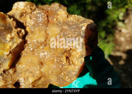 Superficie accidentata di calcedonia non trattata trovata in un ruscello, ricerca di rocce in natura Foto Stock