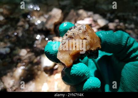 Frammento di Chalcedony trovato in un ruscello, ricerca di minerali, Russia Foto Stock