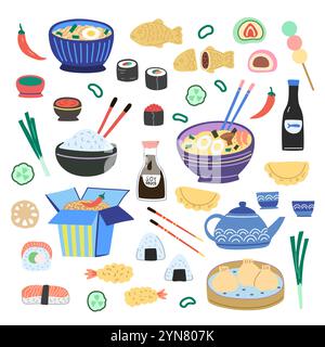 Cucina asiatica, piatti tradizionali giapponesi e cinesi. Spaghetti, ramen, sushi e salse. Illustrazione vettoriale disegnata a mano. Illustrazione Vettoriale