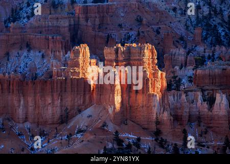Il sole che tramonta illumina una formazione di roccia rossa nell'area di Sunset Point del Bryce Canyon National Park, Bryce Canyon City, Garfield County, Utah, USA. Foto Stock